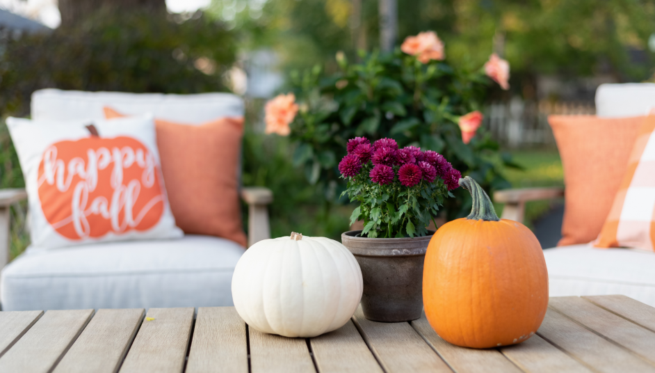 White and orange pumpkins next to purple flowers in a vase on a table. With 2 chairs in back with orange and white pillows with happy fall saying.